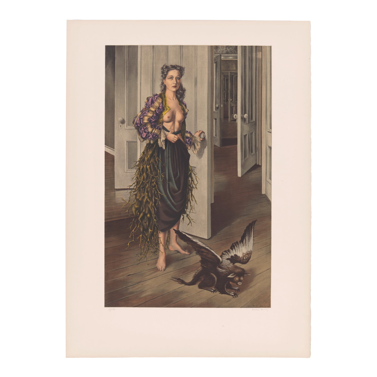 Dorothea Tanning (1910-2012); Birthday (Self Portrait at Age 30);: Dorothea Tanning (1910-2012) Birthday (Self Portrait at Age 30), c. 1970 Offset lithograph in colors on Arches paper, signed in pencil and numbered 18/150, with full margins. 22 1/2 x 14 3/8in (57.2 x