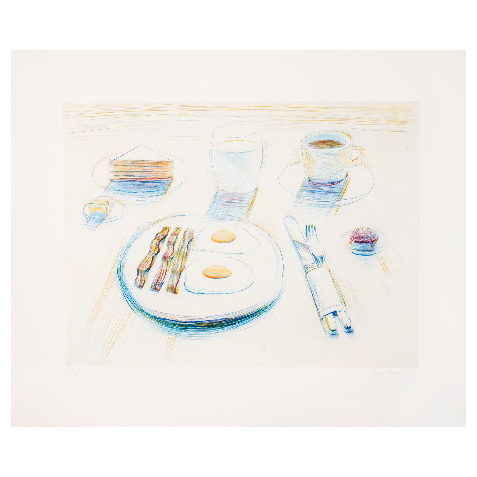 Wayne Thiebaud (1920-2021); Breakfast;: Wayne Thiebaud (1920-2021) Breakfast, 1995 Drypoint in colors on wove paper, signed in pencil, dated and numbered 6/50 (there were also 10 artist's proofs), with the blindstamp of the publisher, Crown