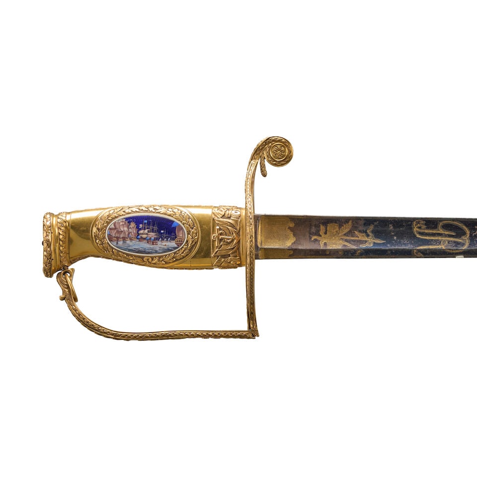 A 100 GUINEA GOLD PRESENTATION SWORD GIVEN TO ANDREW MITCHELL, VICE ADMIRAL OF THE BLUE FOR THE ... (1 of 14)