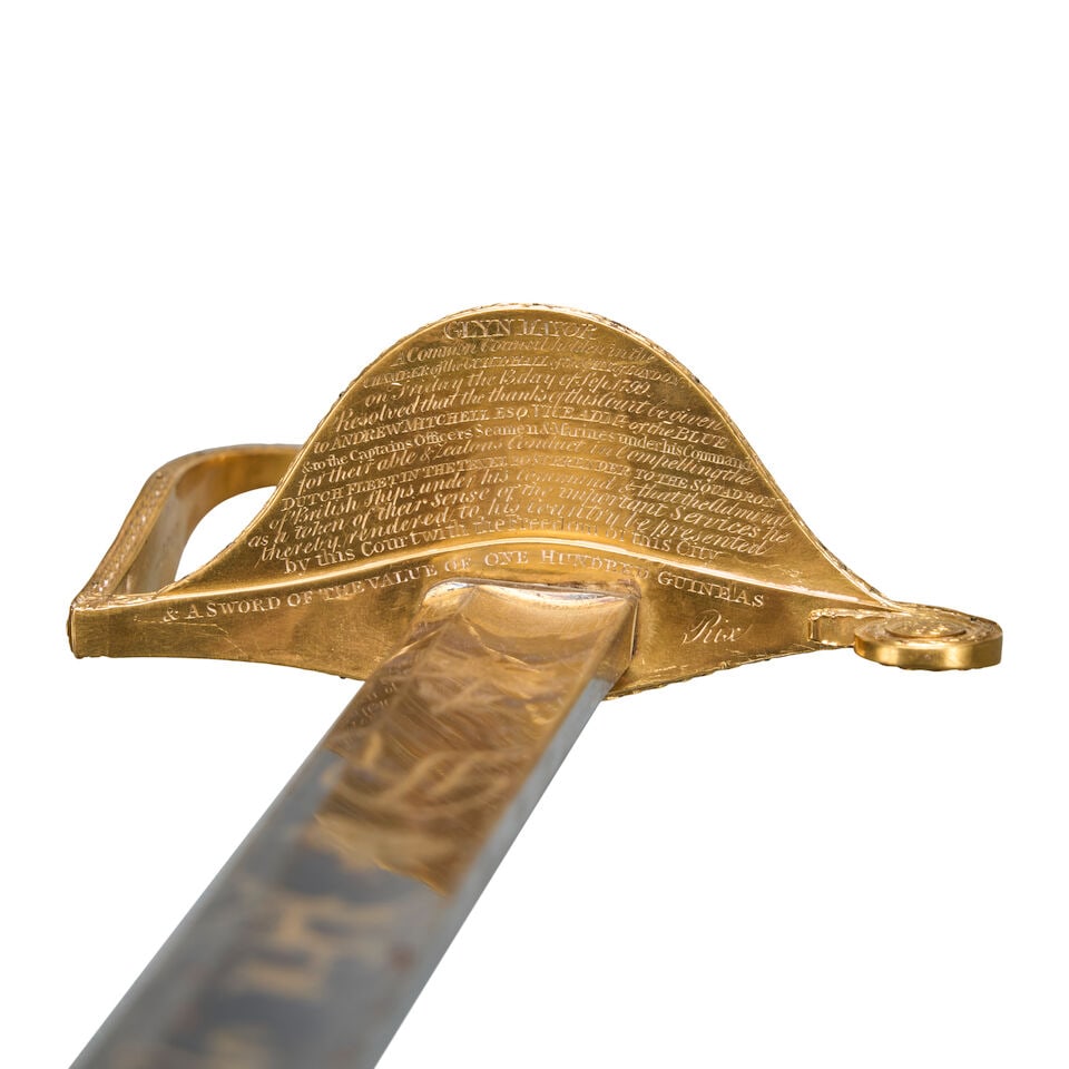 A 100 GUINEA GOLD PRESENTATION SWORD GIVEN TO ANDREW MITCHELL, VICE ADMIRAL OF THE BLUE FOR THE ... - 4