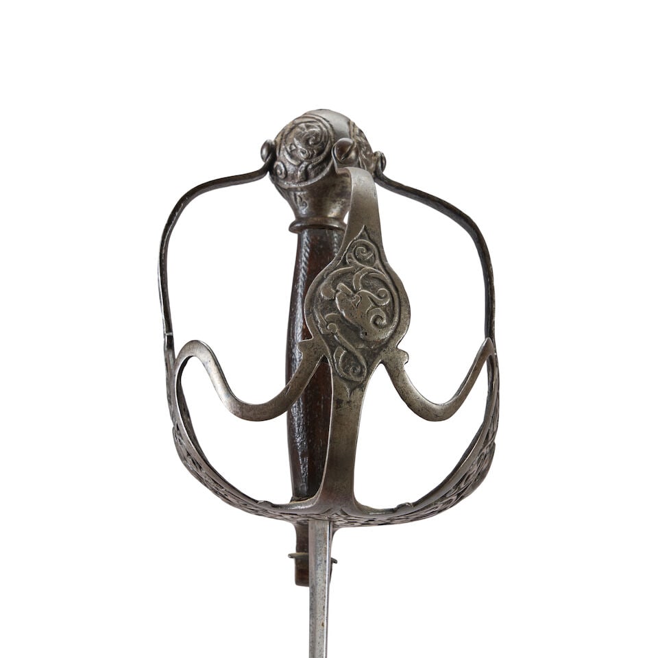 A 17TH CENTURY ENGLISH BASKET HILTED MORTUARY SWORD. - 2