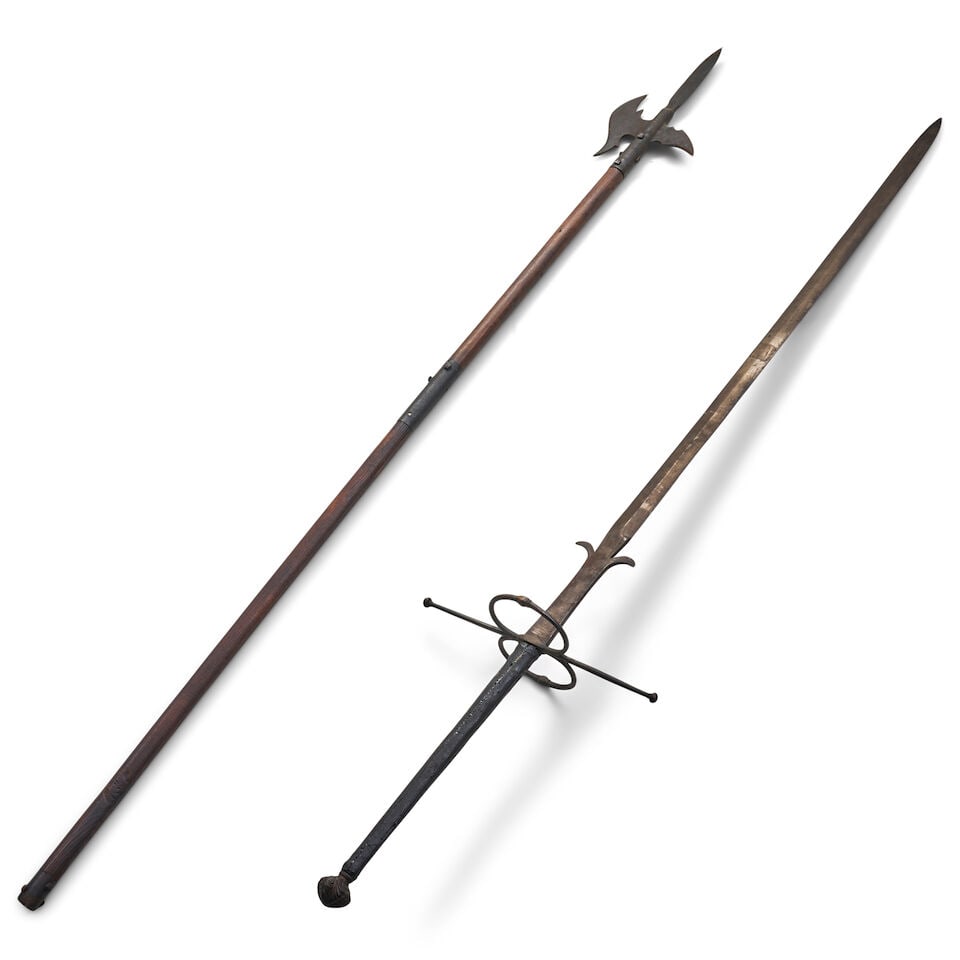 A VICTORIAN REPRODUCTION OF A 16TH CENTURY SPANISH TWO-HAND SWORD AND REPRODUCTION HALBERD. - 2