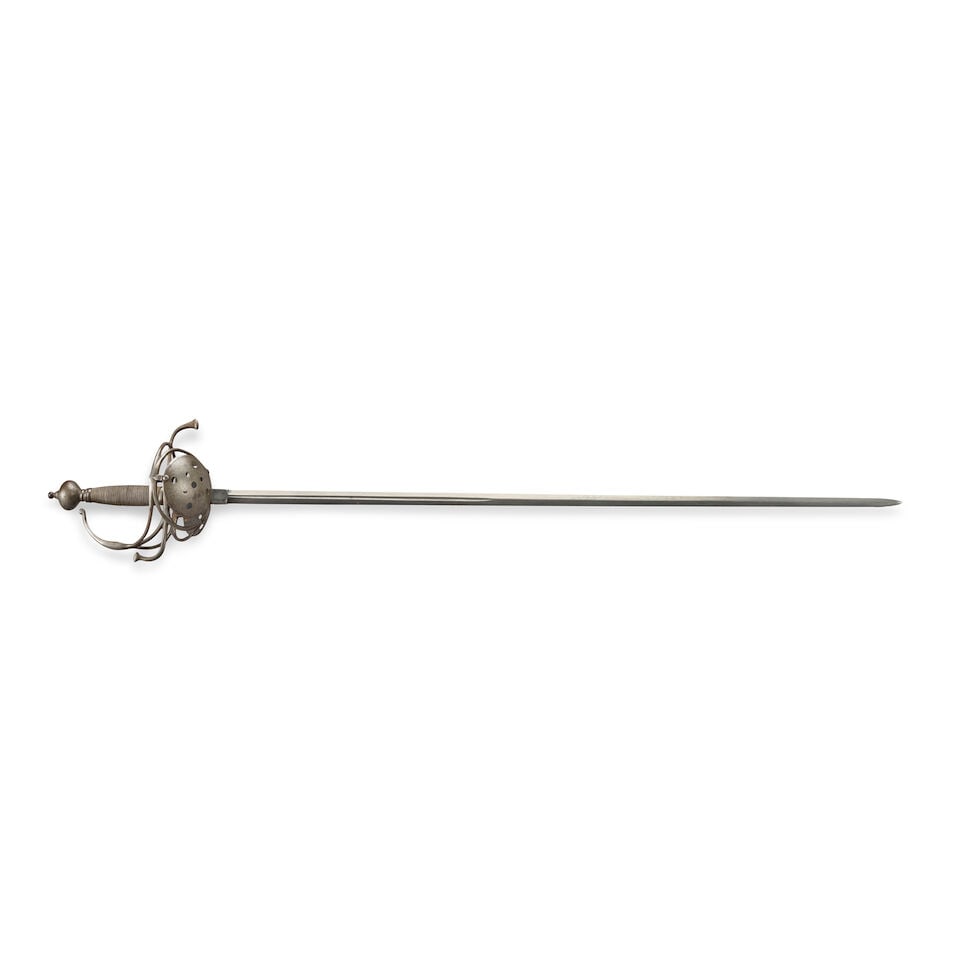 A POSSIBLY VICTORIAN PAPPENHEIMER SWEPT HILT RAPIER.: A POSSIBLY VICTORIAN PAPPENHEIMER SWEPT HILT RAPIER. The iron hilt with pierced guard, multiple branches and quillons, large ball pommel, twisted iron wire covered grip; straight double-edge blade
