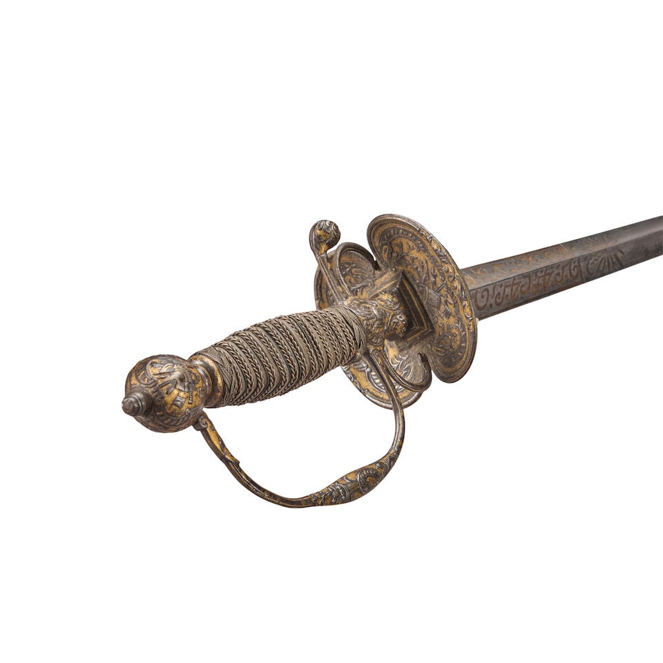AN 18TH CENTURY EUROPEAN CHASED AND GILDED IRON HILTED SMALL SWORD, - 3