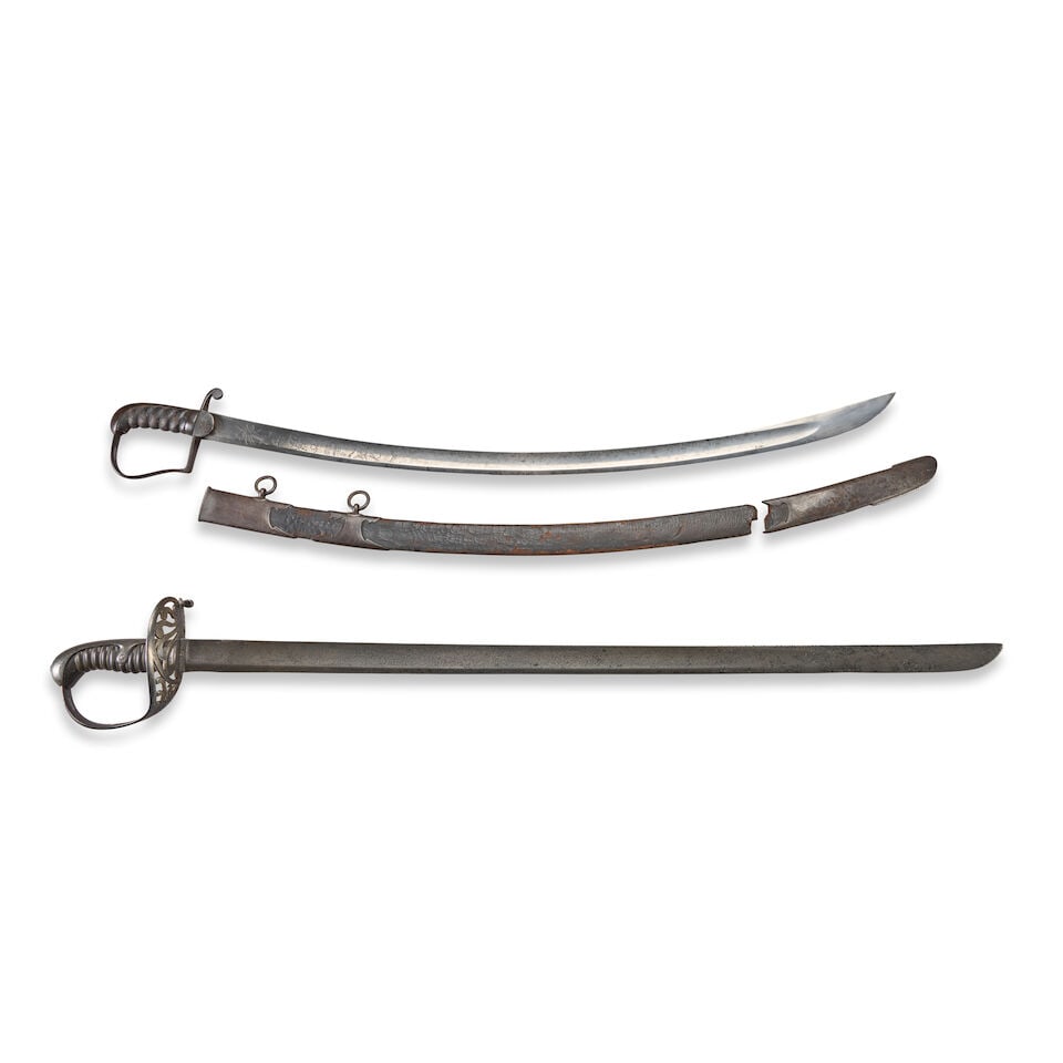 TWO EARLY 19TH CENTURY BRITISH OFFICER'S SWORDS.: TWO EARLY 19TH CENTURY BRITISH OFFICER'S SWORDS. A Pattern 1796 Heavy Cavalry Officer's sword with openwork hilt, wide knuckle bow, faceted pommel cap and back strap, leather covered grip with twisted