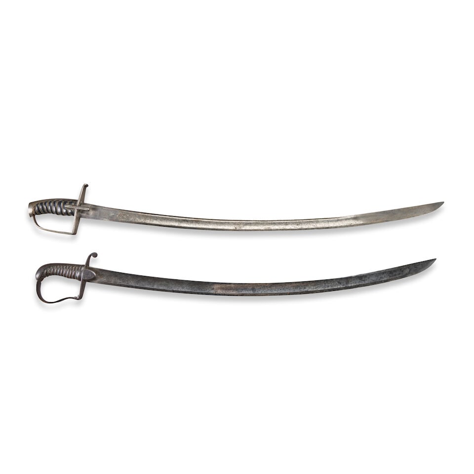 TWO LATE 18TH CENTURY BRITISH LIGHT CAVALRY OFFICER'S SABERS.: TWO LATE 18TH CENTURY BRITISH LIGHT CAVALRY OFFICER'S SABERS. A British Pattern 1788 Light Cavalry Officer's saber, steel stirrup hilt with long, narrow langets, black leather covered grip with twiste