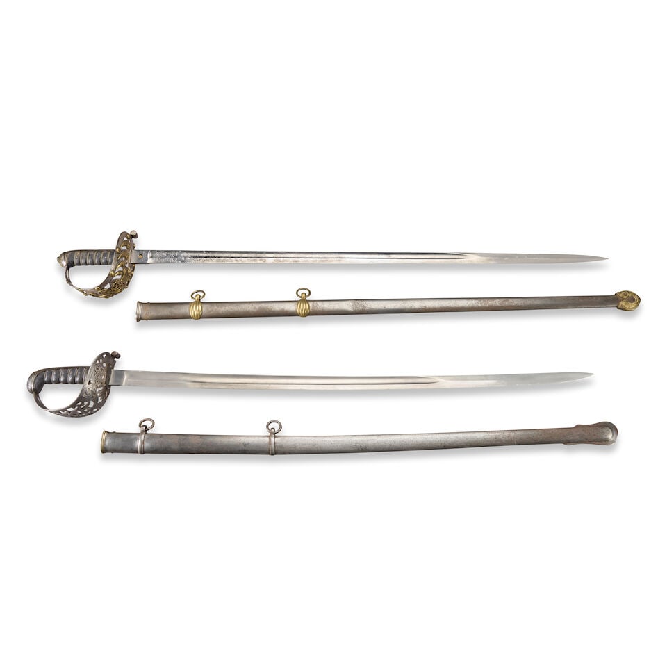 TWO BRITISH PATTERN 1834 HORSE GUARDS SWORDS.: TWO BRITISH PATTERN 1834 HORSE GUARDS SWORDS. A Royal Horse Guards Officer's sword, the polished iron hilt with applied brass scroll and stud decoration an intertwine Horse Guards emblem, checkered br