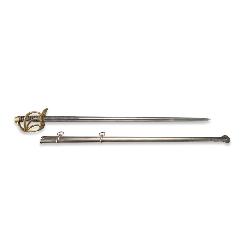 A FRENCH AN XI CUIRASSIER SWORD WITH SCABBARD,: A FRENCH AN XI CUIRASSIER SWORD WITH SCABBARD, dated 1810. Heavy brass hilt with three branches connecting to a knuckle bow and pommel cap, brown leather grip with twisted brass wire wrapping; straigh