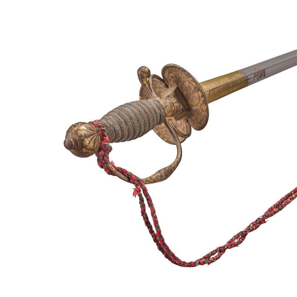 A CHASED AND GILDED 18TH CENTURY FRENCH STEEL HILTED SMALL SWORD WITH SCABBARD, - 3
