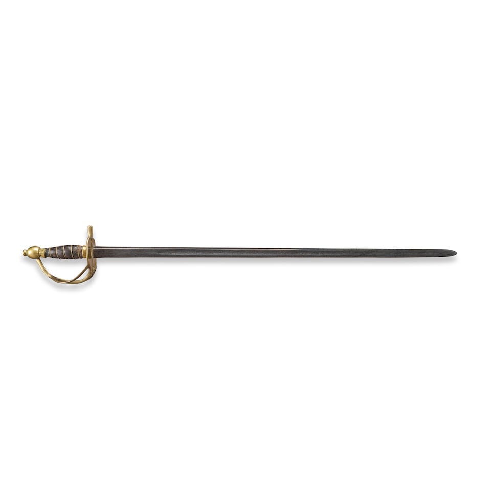 A PRUSSIAN MODEL 1747/DANISH MODEL 1813 HEAVY CAVALRY SWORD.: A PRUSSIAN MODEL 1747/DANISH MODEL 1813 HEAVY CAVALRY SWORD. Heavy brass hilt with bilobate counter-guard and prominent quillon, two branches connecting to a knuckle bow and ovoid pommel, brown leathe