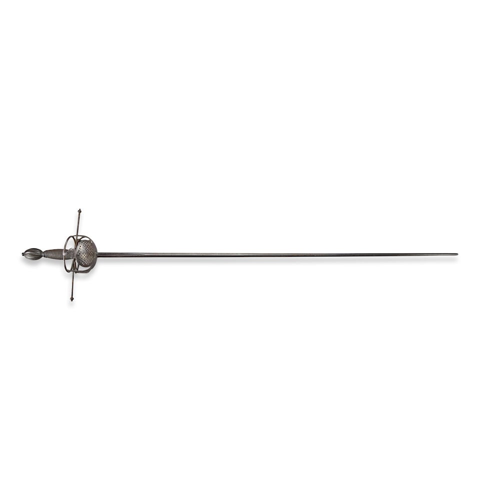 A MID-17TH CENTURY SEMI-PAPPENHEIMER RAPIER.: A MID-17TH CENTURY SEMI-PAPPENHEIMER RAPIER. The iron hilt with pierced double shell guard and long quillons, fluted olive pommel and twisted iron wire covered grip; straight double-edge blade with na