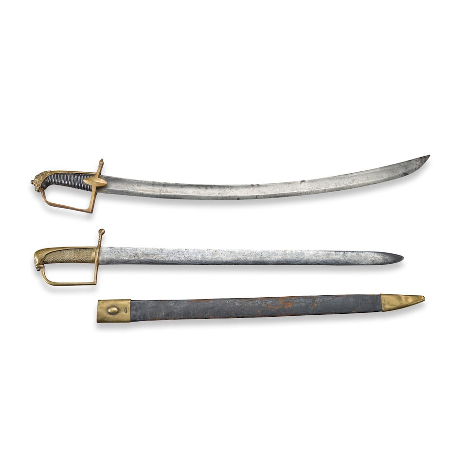 TWO SCANDINAVIAN MILITARY SWORDS.: TWO SCANDINAVIAN MILITARY SWORDS. A short saber with brass stirrup hilt and langets, lion's head pommel and back strap, black leather covered grip; unmarked curved single-edge blade with false edge at