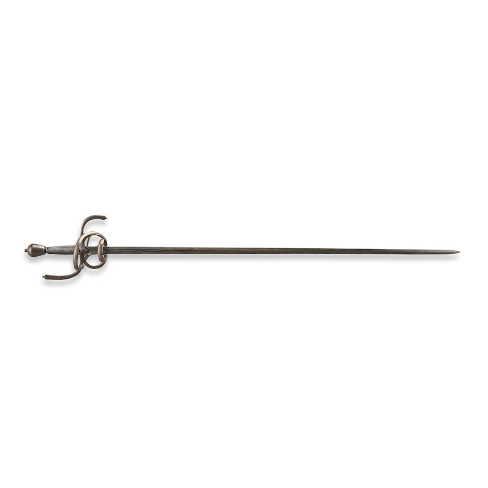A POSSIBLY VICTORIAN PAPPENHEIMER SWEPT HILT RAPIER.: A POSSIBLY VICTORIAN PAPPENHEIMER SWEPT HILT RAPIER. The iron hilt with multiple branches and deep quillons, tapered pommel and twisted fine iron wire wrapping on the grip; straight double-edge blade