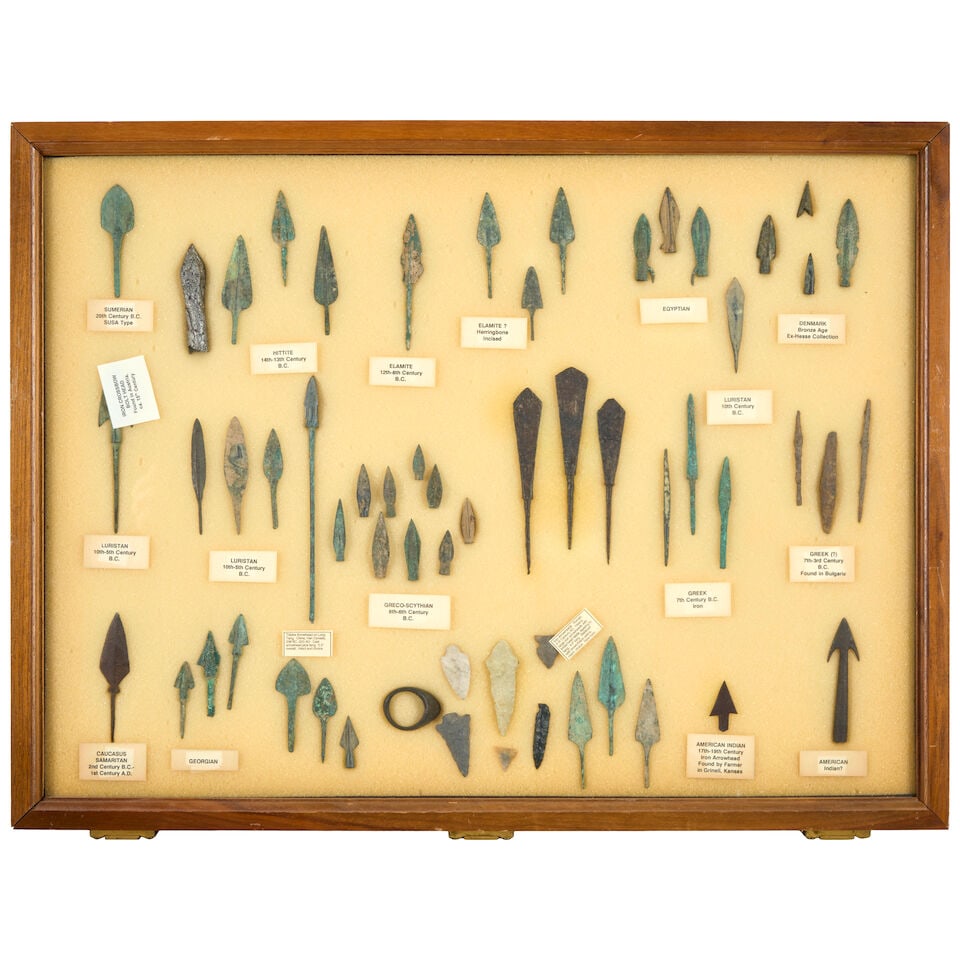 TWO DISPLAY CASES WITH BRONZE DAGGERS AND ARROW POINTS. - 2