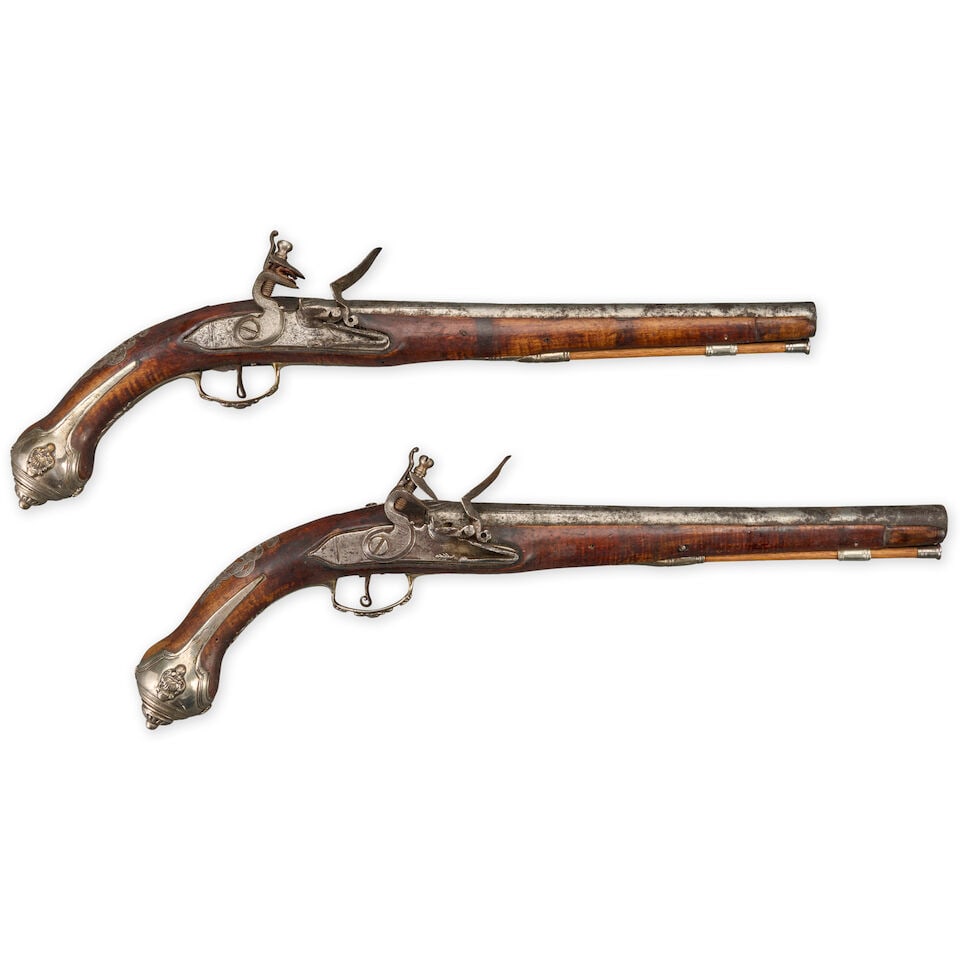 A PAIR OF SILVER MOUNTED TURKISH/OTTOMAN FLINTLOCK PISTOLS, (1 of 4)