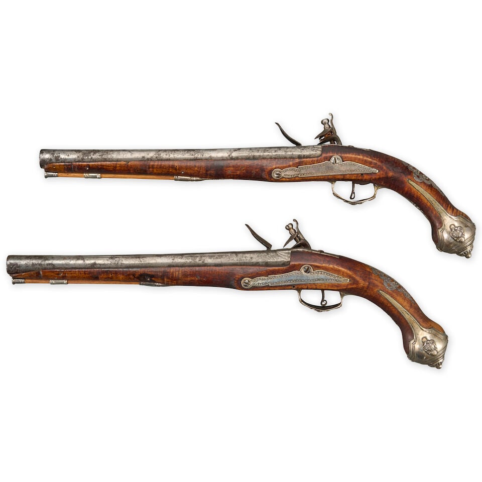 A PAIR OF SILVER MOUNTED TURKISH/OTTOMAN FLINTLOCK PISTOLS, - 2