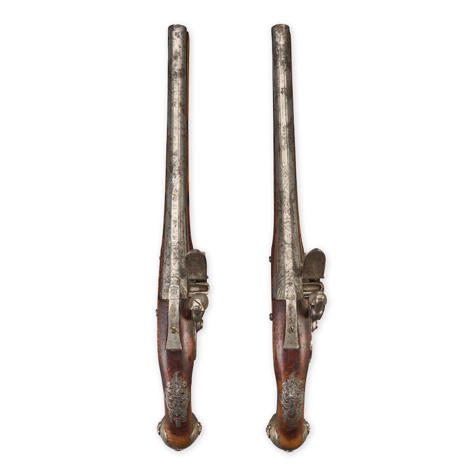 A PAIR OF SILVER MOUNTED TURKISH/OTTOMAN FLINTLOCK PISTOLS, - 3