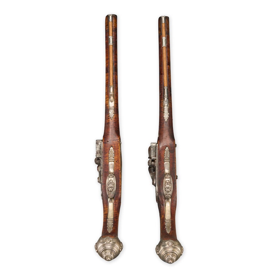 A PAIR OF SILVER MOUNTED TURKISH/OTTOMAN FLINTLOCK PISTOLS, - 4