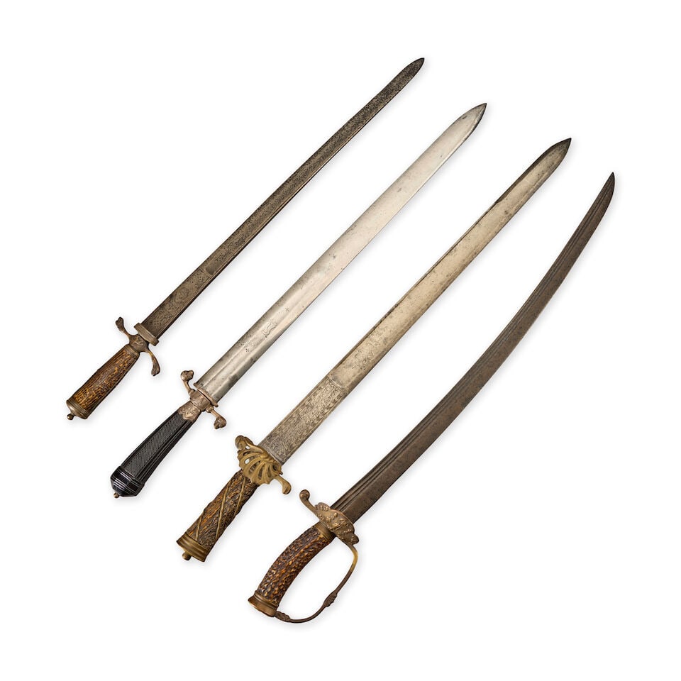 FOUR 18TH CENTURY GERMAN HUNTING SWORDS WITHOUT SCABBARDS.: FOUR 18TH CENTURY GERMAN HUNTING SWORDS WITHOUT SCABBARDS. One with molded silver ricasso, quillons, and pommel cap and textured skin covered grip; straight blade with etched decoration. Overall lg.