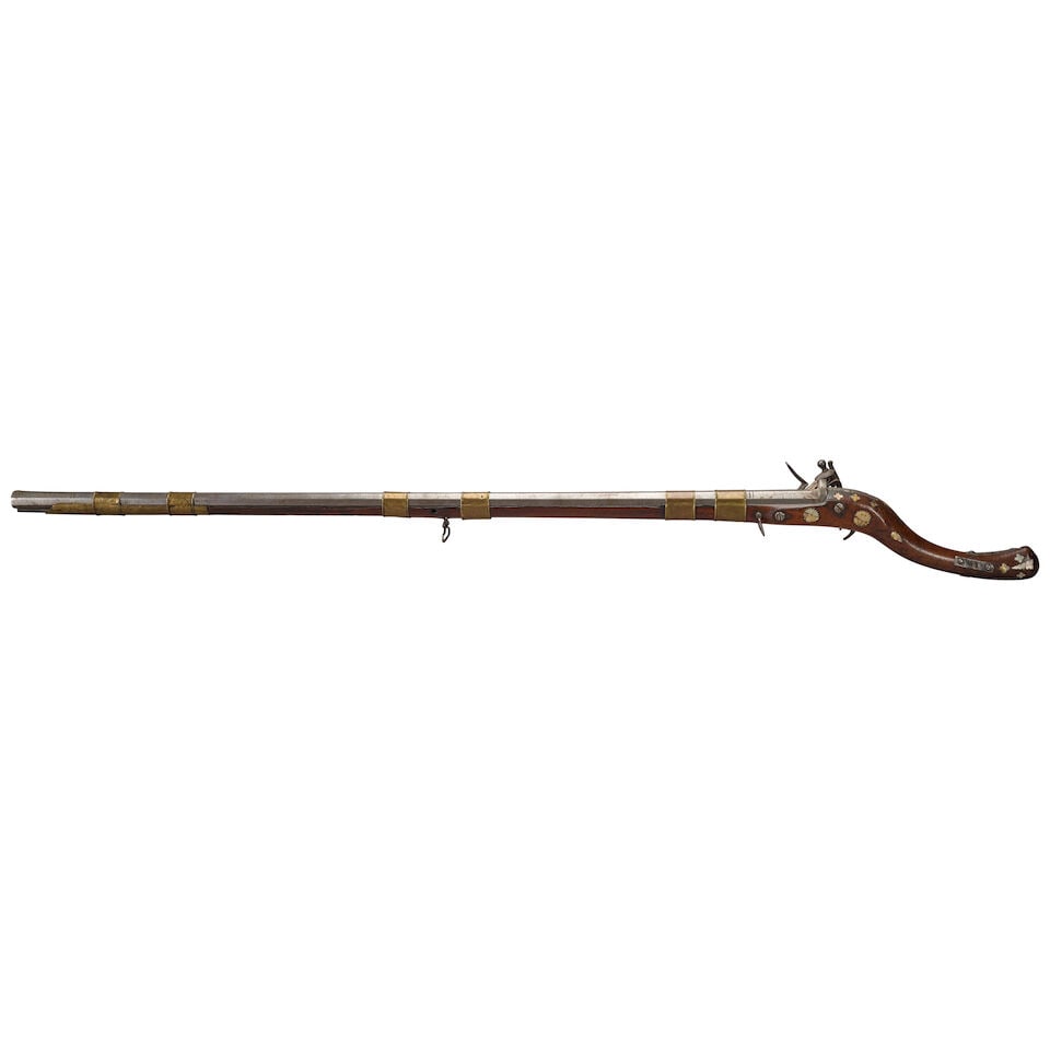 AN AFGHAN JEZAIL FLINTLOCK RIFLE AND FLASK, - 3