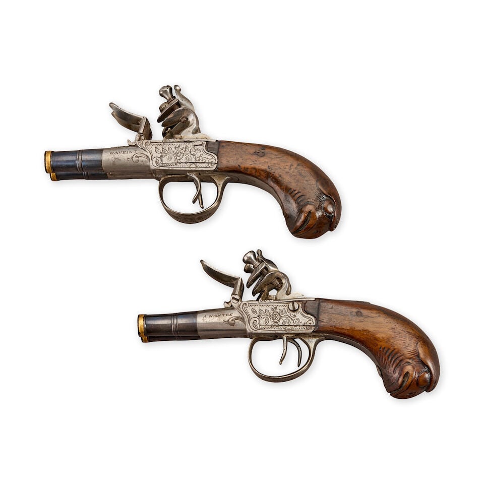 A PAIR OF FRENCH TWO-BARREL POCKET PISTOLS, - 2
