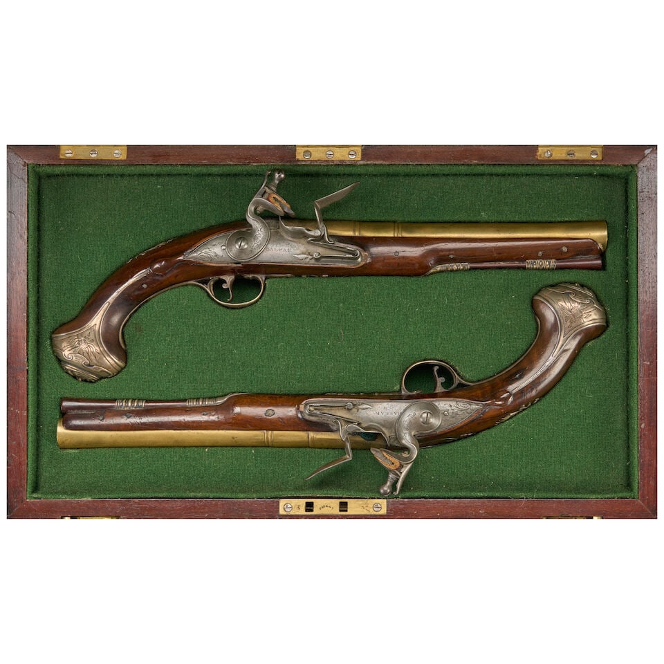 A CASED PAIR OF ENGLISH SILVER MOUNTED OFFICER'S PISTOLS, - 2