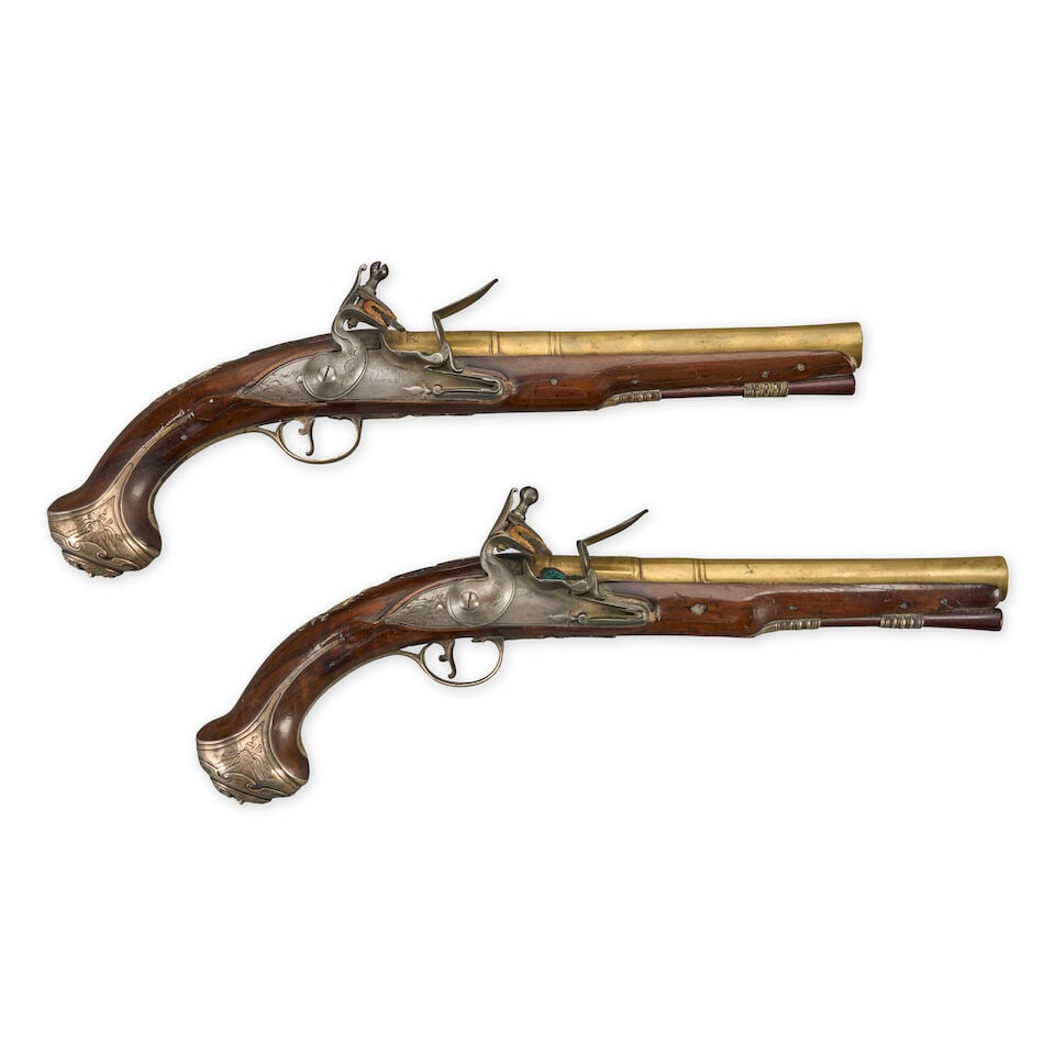 A CASED PAIR OF ENGLISH SILVER MOUNTED OFFICER'S PISTOLS, - 3