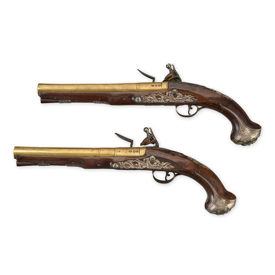 A CASED PAIR OF ENGLISH SILVER MOUNTED OFFICER'S PISTOLS, - 4