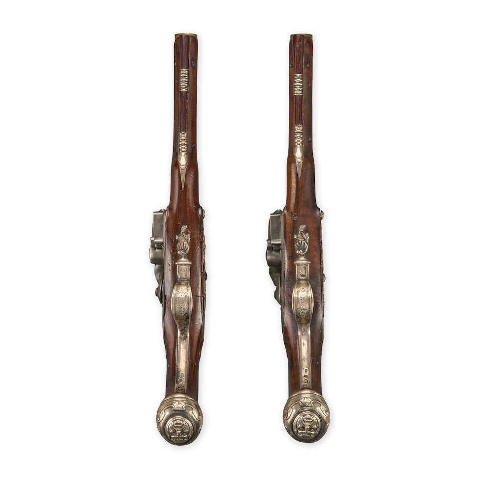 A CASED PAIR OF ENGLISH SILVER MOUNTED OFFICER'S PISTOLS, - 6