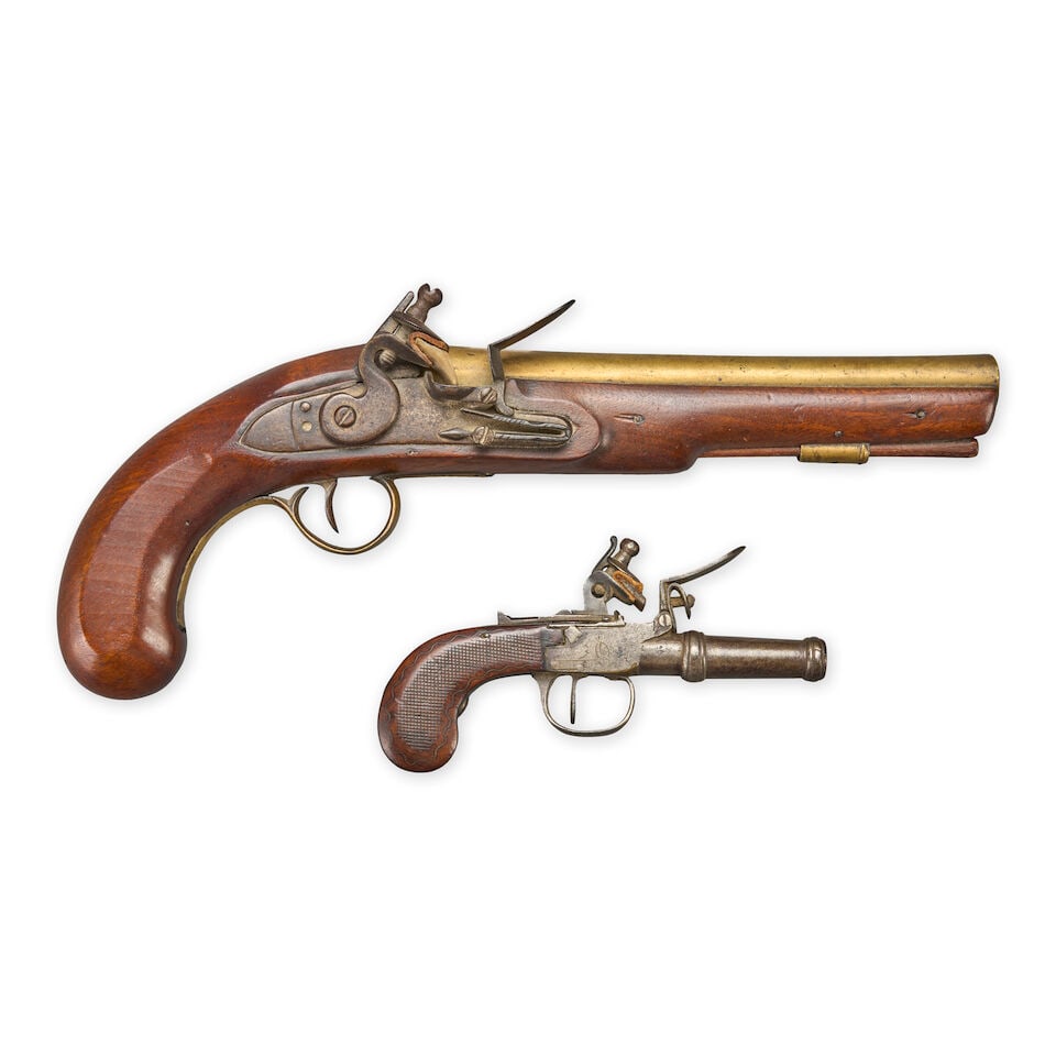 TWO FLINTLOCK PISTOLS,: TWO FLINTLOCK PISTOLS, late 18th/early 19th century. An English yeomanry pistol with 8 in., .62 caliber brass barrel, unmarked lock, walnut stock and brass furniture. Overall lg. 13 in. An unmarked (p