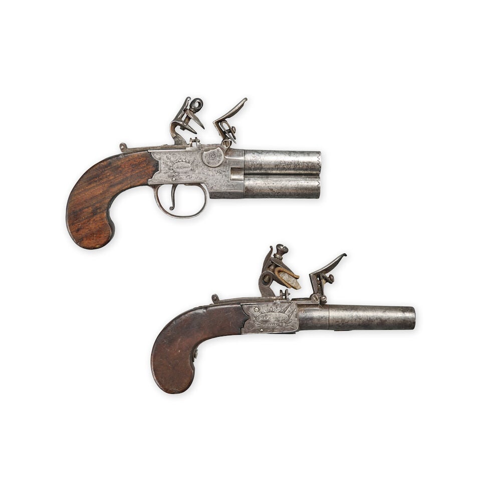 TWO EARLY 19TH CENTURY ENGLISH FLINTLOCK POCKET PISTOLS. (1 of 2)
