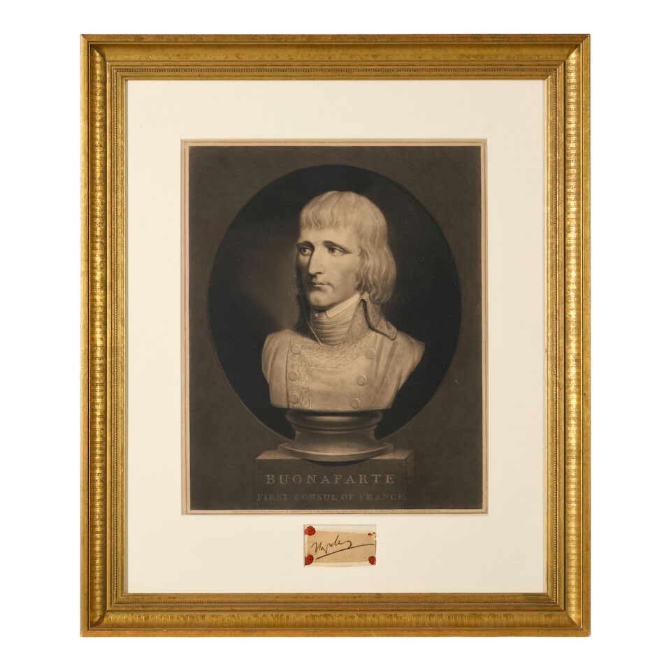 A FRAMED MEZZOTINT BUST OF NAPOLEON WITH CLIPPED SIGNATURE,: A FRAMED MEZZOTINT BUST OF NAPOLEON WITH CLIPPED SIGNATURE, engraved by S.W. Reynolds after J. Northcote, published London, August 20, 1800. The bust depicted on a turned plinth and square base titled