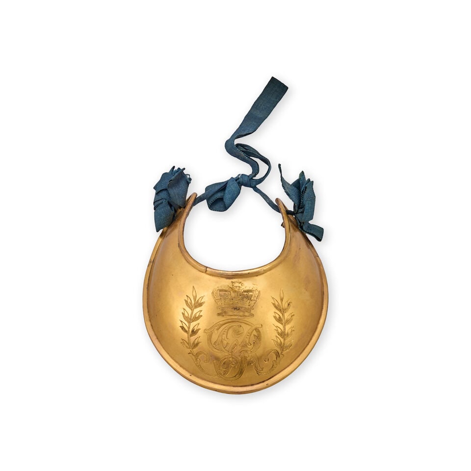 A FINE BRITISH NAPOLEONIC PERIOD PATTERN 1796 ENGRAVED AND GILDED OFFICER'S GORGET WITH SILK ROS... (1 of 4)
