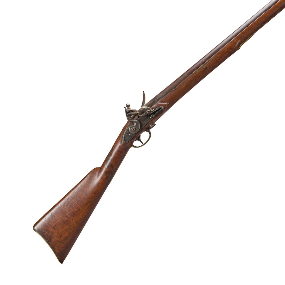 AN EARLY 19TH CENTURY MASSACHUSETTS MILITIA MUSKET.: AN EARLY 19TH CENTURY MASSACHUSETTS MILITIA MUSKET. Slightly shortened 37 1/4 in., .72 caliber barrel marked at the breech 'LH1836', 'M' and 'P' in a sunken cartouche; flat lock plate with rounded tai