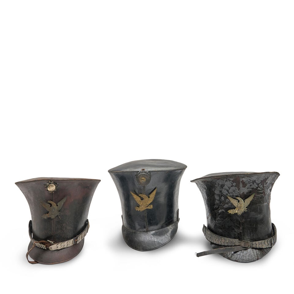 THREE INCOMPLETE AMERICAN MILITARY BELL CROWNED CAPS, (1 of 3)