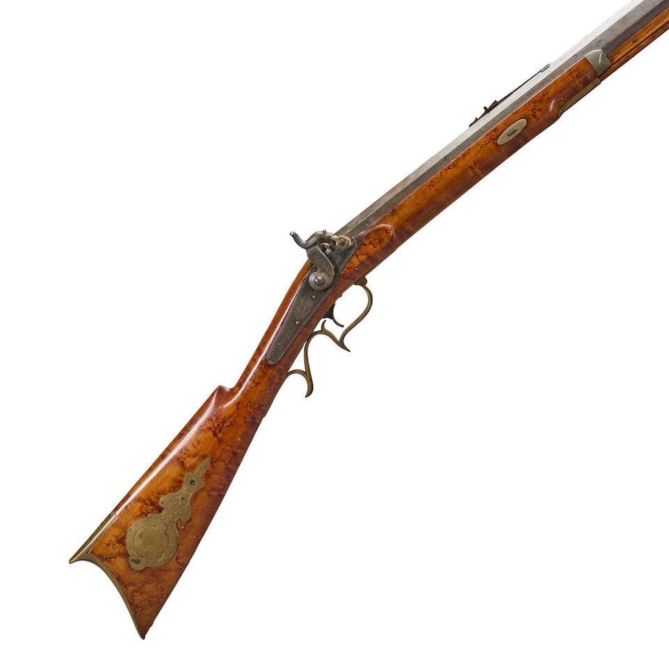 A MID-19TH CENTURY L.M. LELAND, AUGUSTA, MAINE, PERCUSSION RIFLE.: A MID-19TH CENTURY L.M. LELAND, AUGUSTA, MAINE, PERCUSSION RIFLE. 33 3/4 in., .40 caliber octagon barrel with adjustable rear sight, the breech of the barrel marked 'L.M. LELAND/AUGUSTA/ME', flat lock