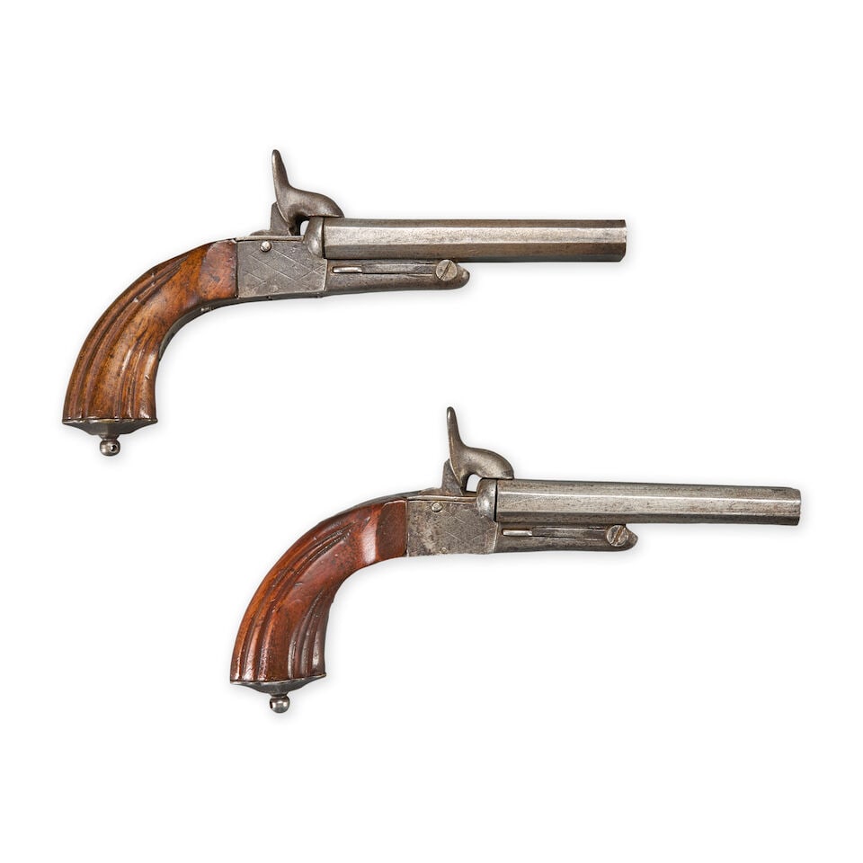 PAIR OF BELGIAN TWO-BARREL PINFIRE PISTOLS. (1 of 2)