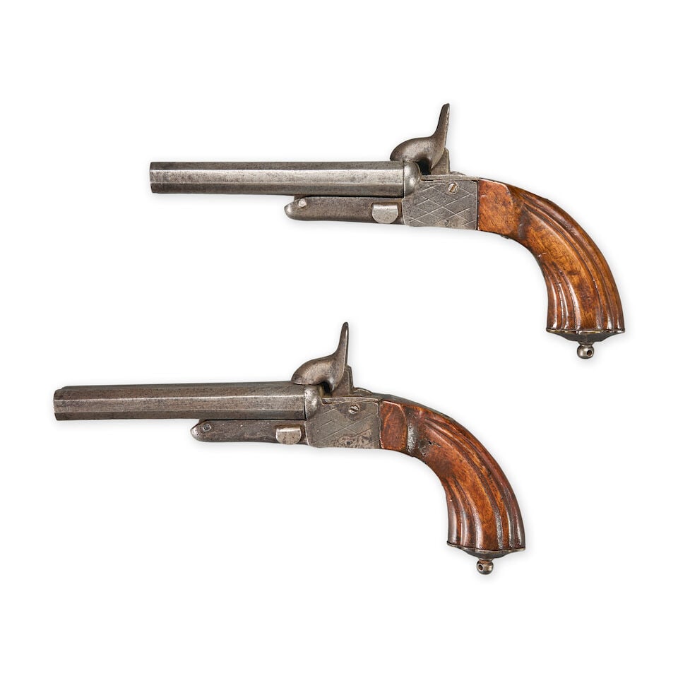 PAIR OF BELGIAN TWO-BARREL PINFIRE PISTOLS. - 2