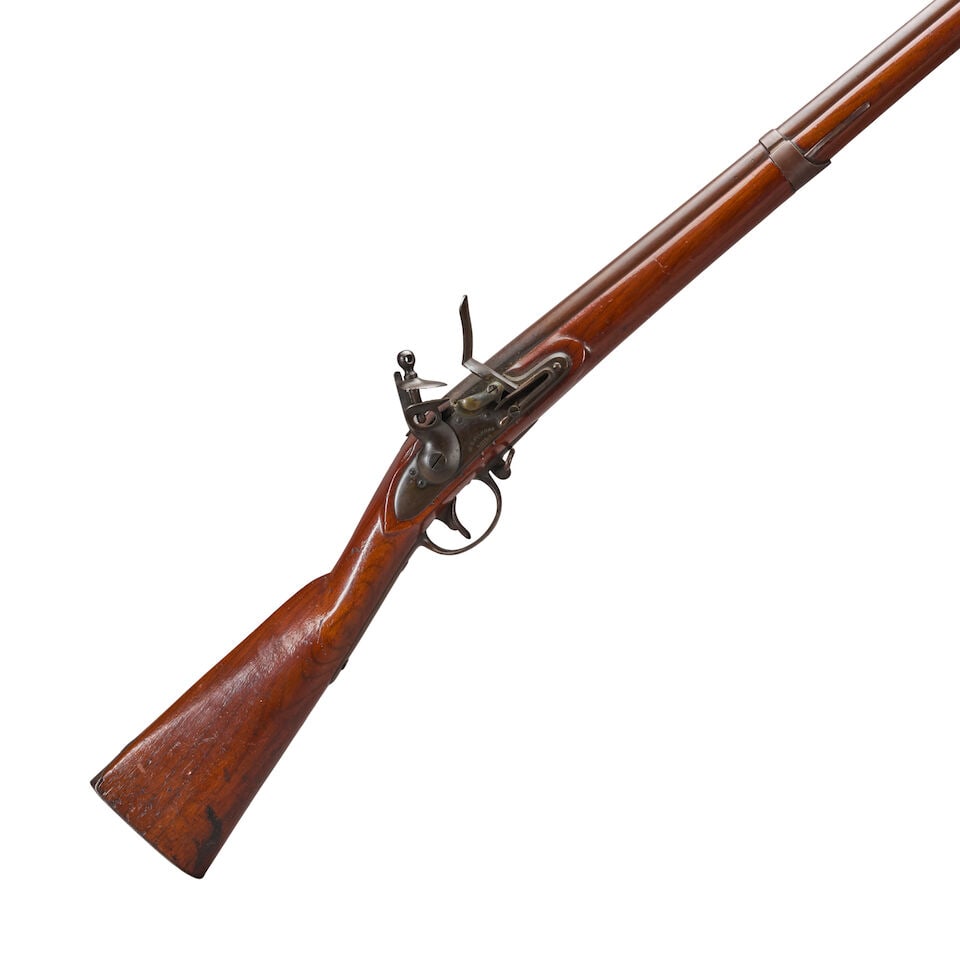 AN M.T. WICKHAM CONTRACT U.S. MODEL 1822/28 FLINTLOCK MUSKET.: AN M.T. WICKHAM CONTRACT U.S. MODEL 1822/28 FLINTLOCK MUSKET. 42 in., .69 caliber browned barrel marked 'US', 'P' and 'LS'; lock plate marked 'M.T.WICKHAM/PHILA' below the brass pan, tail is unmarked;