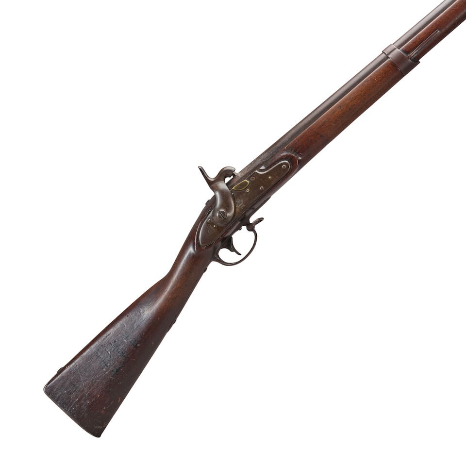 A SPRINGFIELD MODEL 1822/28 MUSKET CONVERTED TO PERCUSSION,: A SPRINGFIELD MODEL 1822/28 MUSKET CONVERTED TO PERCUSSION, 1834. 42 in., .69 caliber barrel with 'P', eagle's head, 'V' proof marks at the breech; lock plate with pointed tail marked 'SPRING/FIELD/18