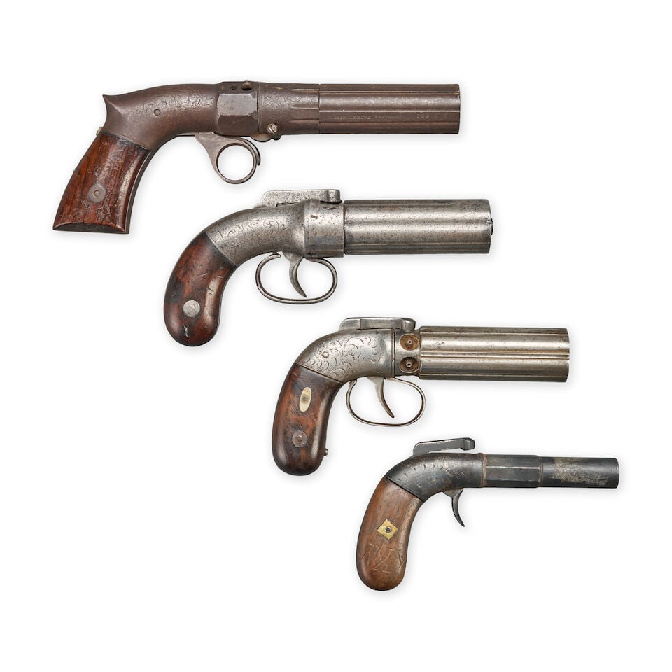 THREE 19TH CENTURY PEPPERBOXES AND A SINGLE SHOT PISTOL. (1 of 2)