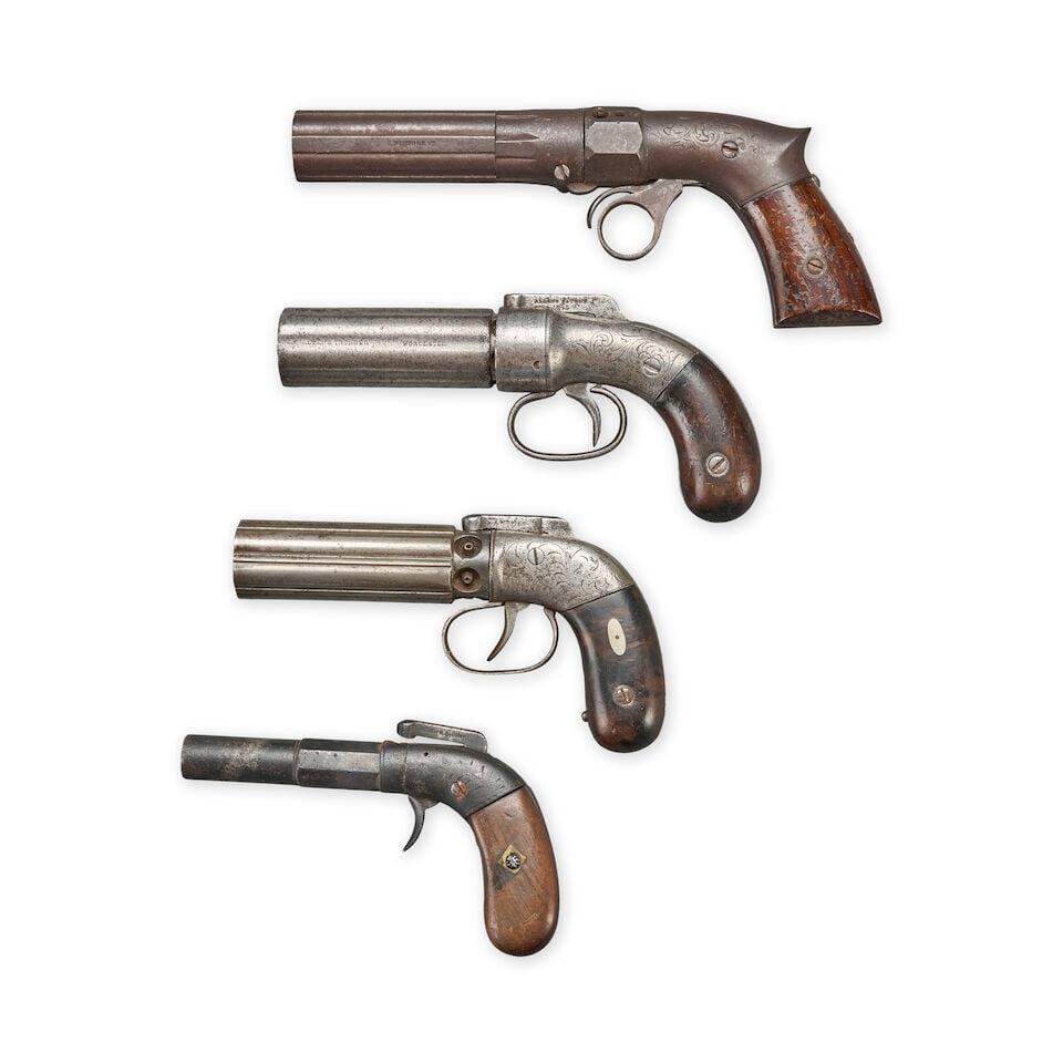 THREE 19TH CENTURY PEPPERBOXES AND A SINGLE SHOT PISTOL. - 2