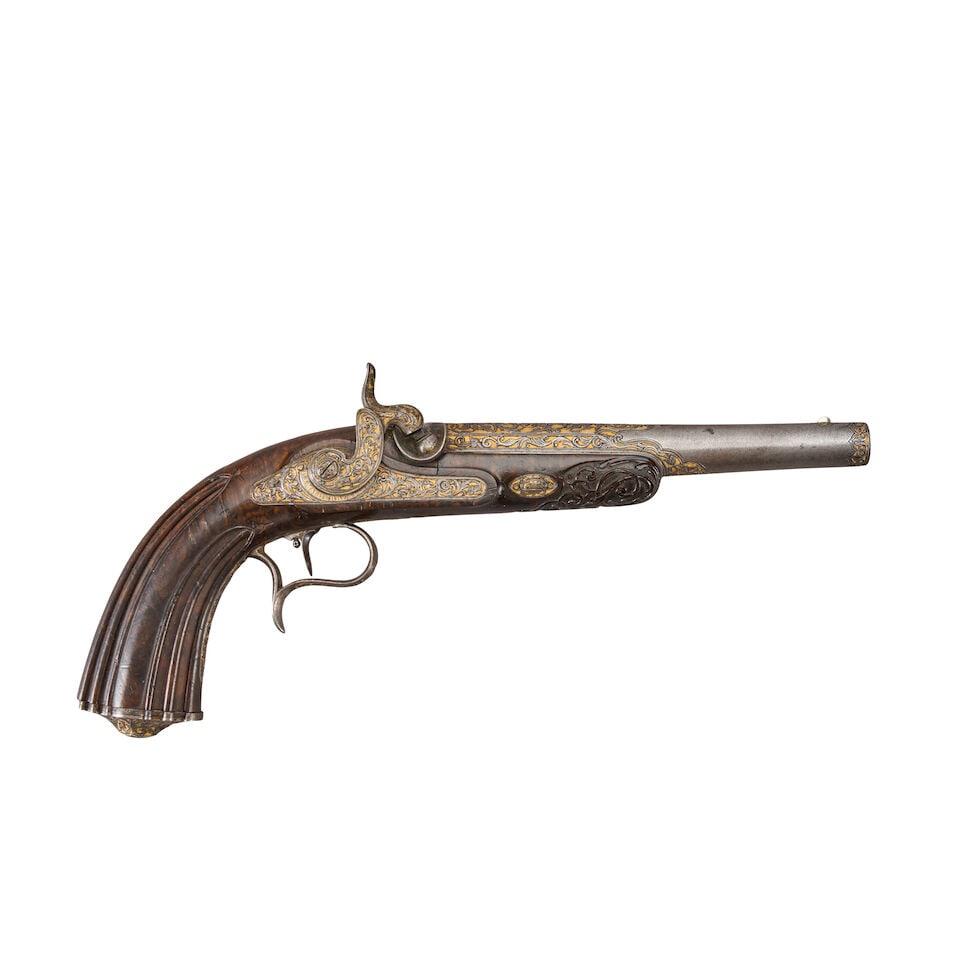 AN ORNATELY DECORATED BELGIAN PERCUSSION PISTOL, (1 of 4)