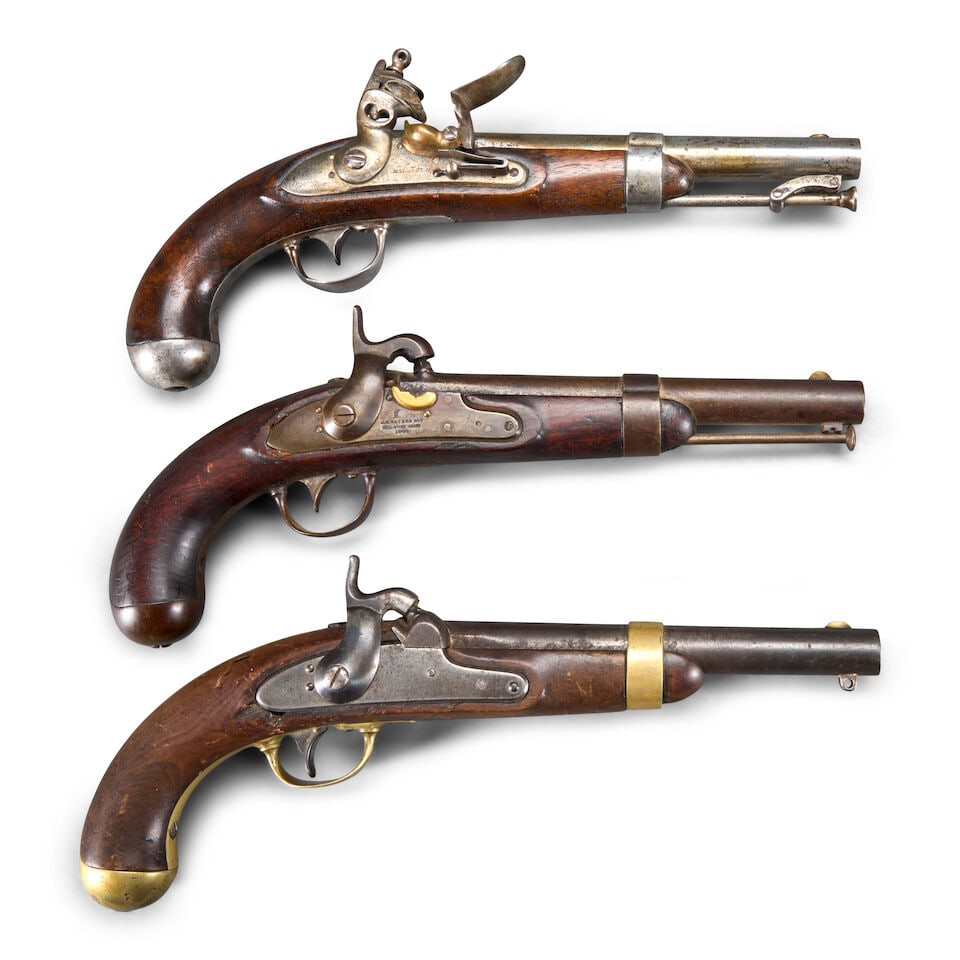 THREE PRE-CIVIL WAR U.S. MARTIAL PISTOLS.: THREE PRE-CIVIL WAR U.S. MARTIAL PISTOLS. A Model 1836 flintlock pistol by Asa Waters, Milbury, MA, with a 8 1/2 in., .58 caliber barrel, lock plate with light markings below the brass pan, walnut sto