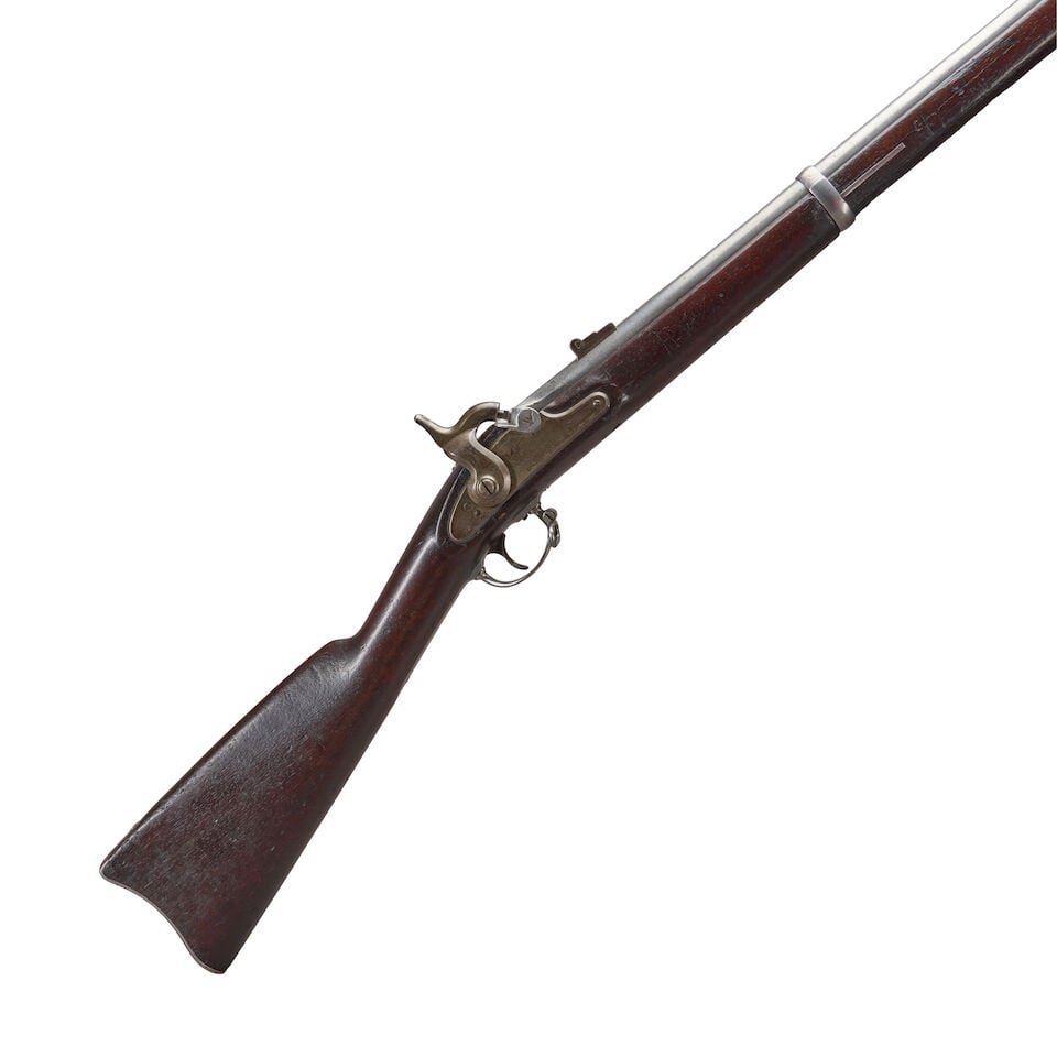 A CIVIL WAR SPRINGFIELD U.S. MODEL 1863 RIFLE MUSKET,: A CIVIL WAR SPRINGFIELD U.S. MODEL 1863 RIFLE MUSKET, 1864. 40 in., .58 caliber barrel with two leaf folding rear sight, the left side of the breech marked with 'V', 'P' and eagle's head proof marks, 