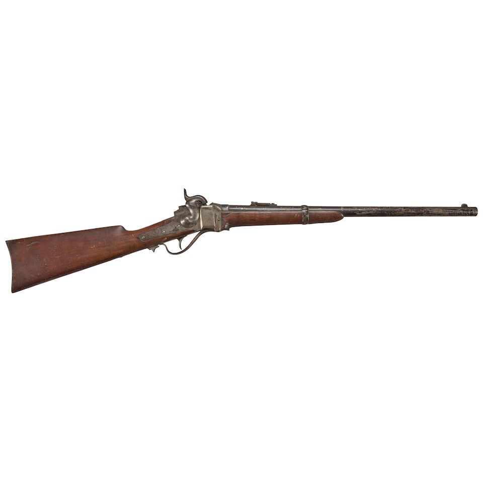 A CIVIL WAR SHARPS NEW MODEL 1863 CARBINE.: A CIVIL WAR SHARPS NEW MODEL 1863 CARBINE. Serial number C,25407, .52 caliber black-painted barrel with adjustable rear sight and proper barrel markings, frame with proper patent markings, walnut stoc