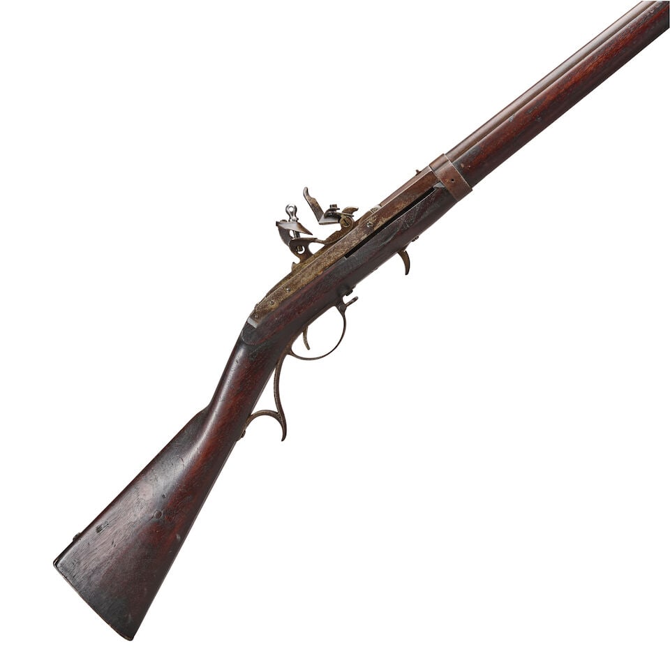 A HARPERS FERRY U.S. MODEL 1819 HALL BREECH-LOADING RIFLE,: A HARPERS FERRY U.S. MODEL 1819 HALL BREECH-LOADING RIFLE, 1838. 32 3/4 in., .52 caliber rifled barrel; the breech block marked 'J.H. HALL/H.FERRY/US/1838' in front of the frizzen; walnut stock, iron 