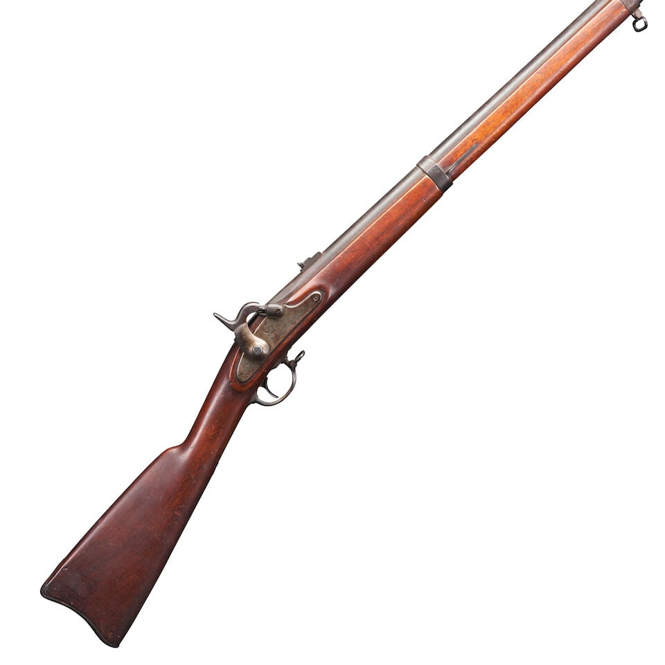 A CIVIL WAR BRIDESBURG U.S. MODEL 1861 RIFLE MUSKET.: A CIVIL WAR BRIDESBURG U.S. MODEL 1861 RIFLE MUSKET. 40 in., .58 caliber rifled barrel with two leaf rear sight, 'V/P' over eagle's head proof marks at the breech, the top marked '1862'; the lock plat