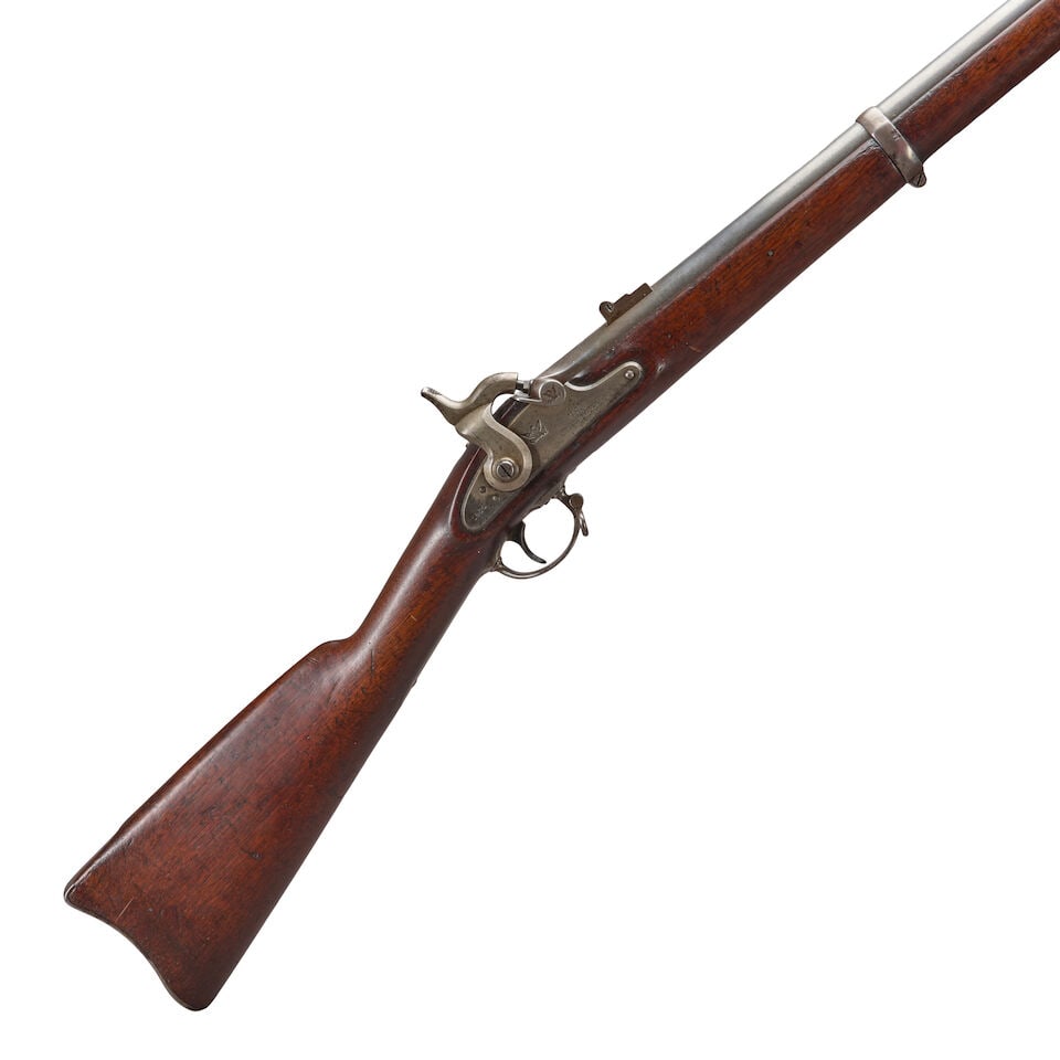 A CIVIL WAR BRIDESBURG CONTRACT RIFLE MUSKET,: A CIVIL WAR BRIDESBURG CONTRACT RIFLE MUSKET, 1864. 40 in., .58 caliber rifled barrel with two leaf rear sight, the left side of the breech with 'V', 'P' and eagle's head proof marks, the top marked '