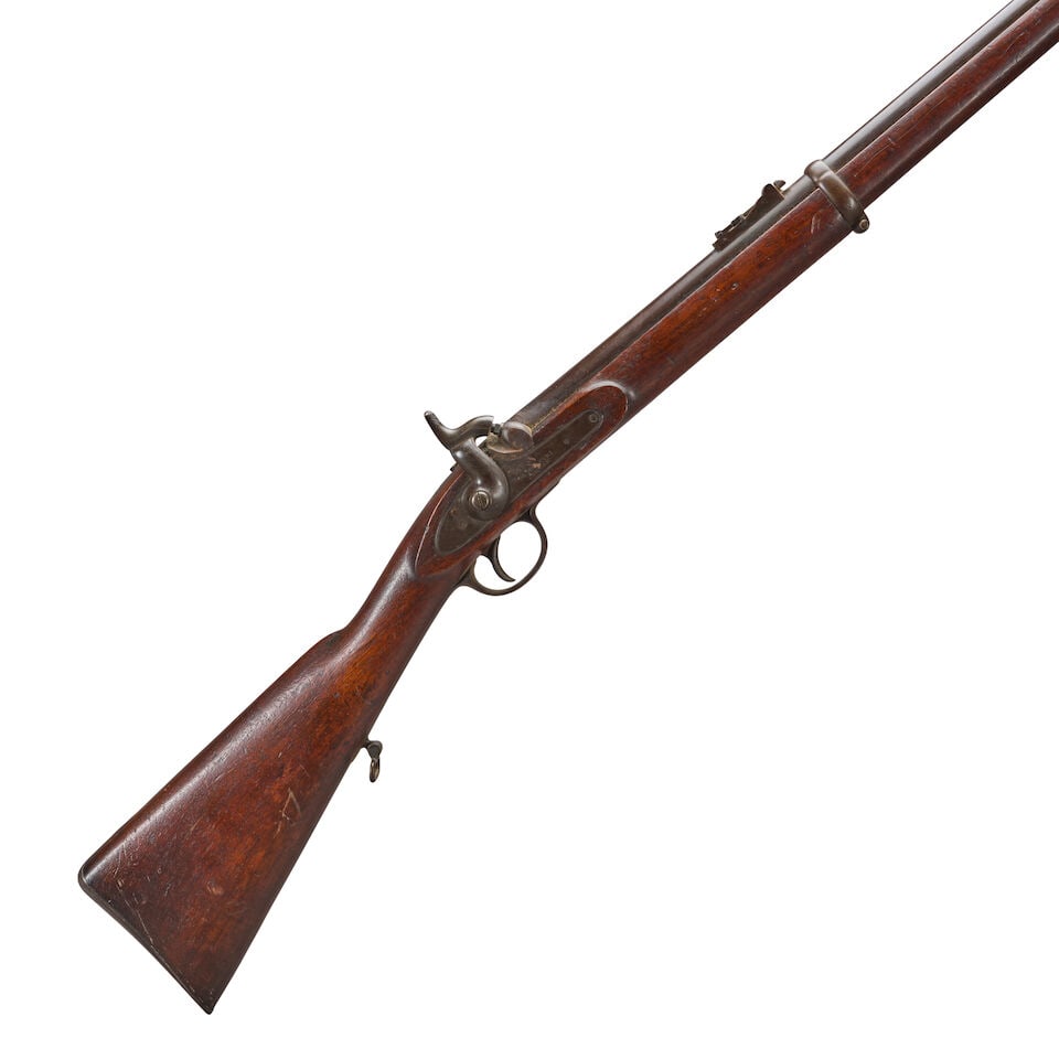 A CIVIL WAR ENGLISH PATTERN 1858 BAR ON BAND RIFLE.: A CIVIL WAR ENGLISH PATTERN 1858 BAR ON BAND RIFLE. Iron mounted, with 33 in., .58 caliber browned barrel with adjustable rear sight, flat lock plate with double line border engraving and marked 'POTE